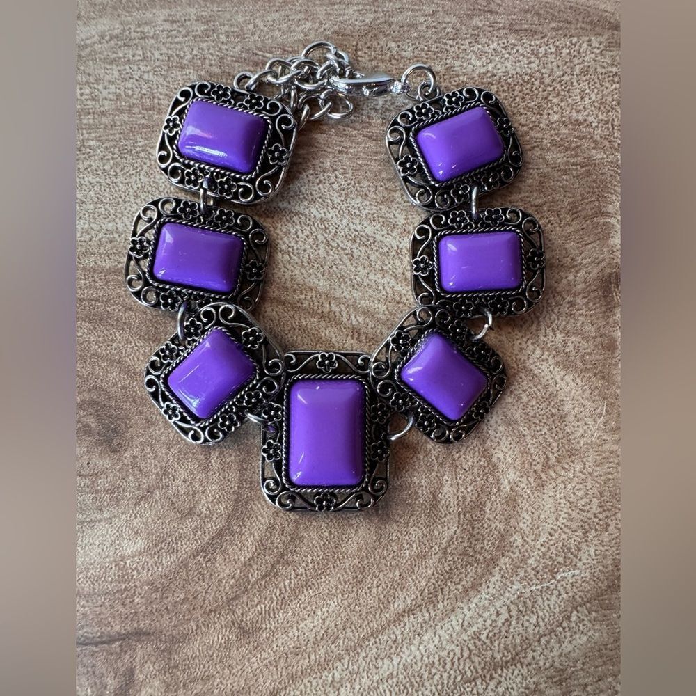 Boho Style Bracelet Purple & Antique Brass tone Metal & Acrylic Chunky Hippie